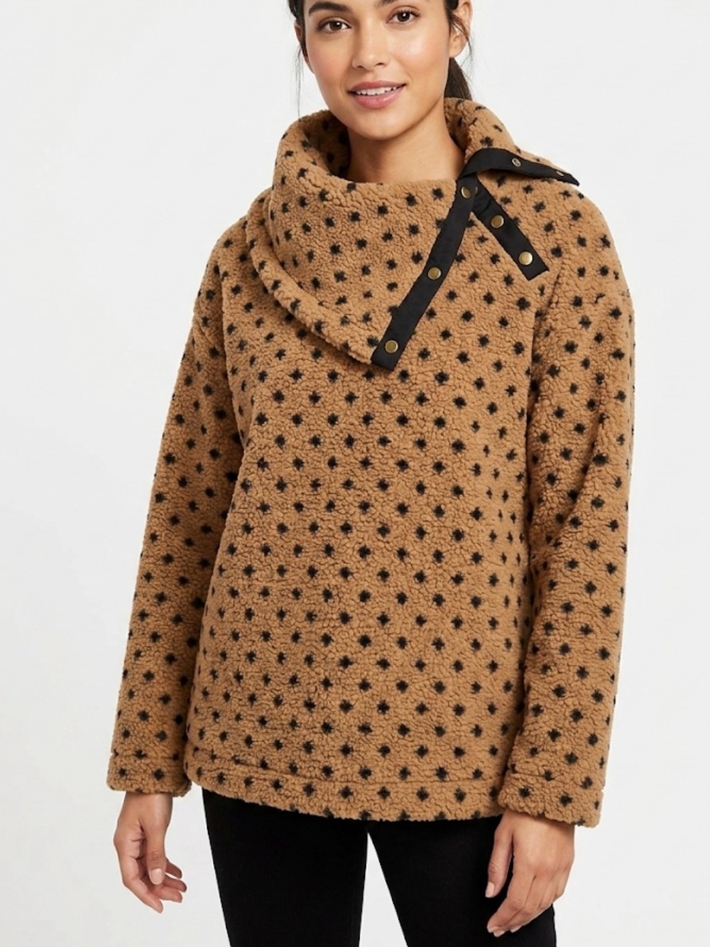 LOFT Dotted Cozy Sherpa Asymmetric Snap Neck Fleece Pullover Large